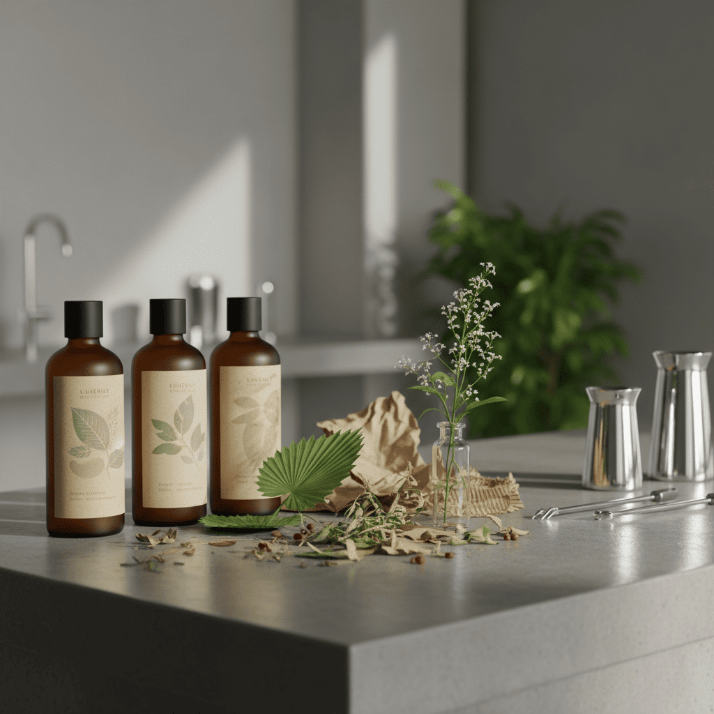 Plant-based skincare products with sustainable packaging and natural botanical ingredients on display
