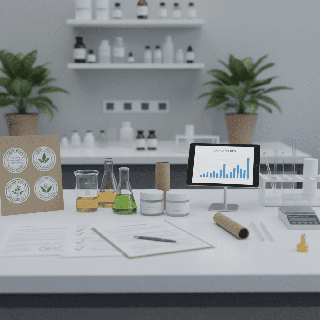 OEM cosmetics workspace showing product formulation development and compliance tracking systems