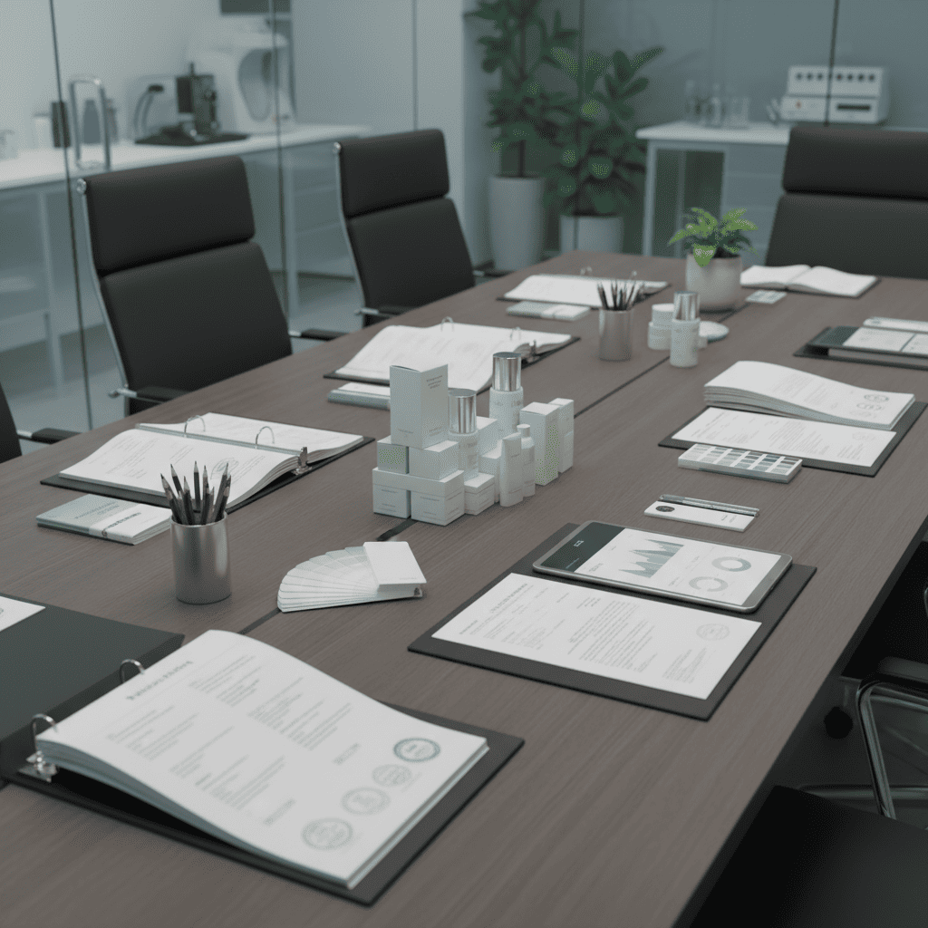 Strategic planning session for private label cosmetic manufacturing with product samples and documentation