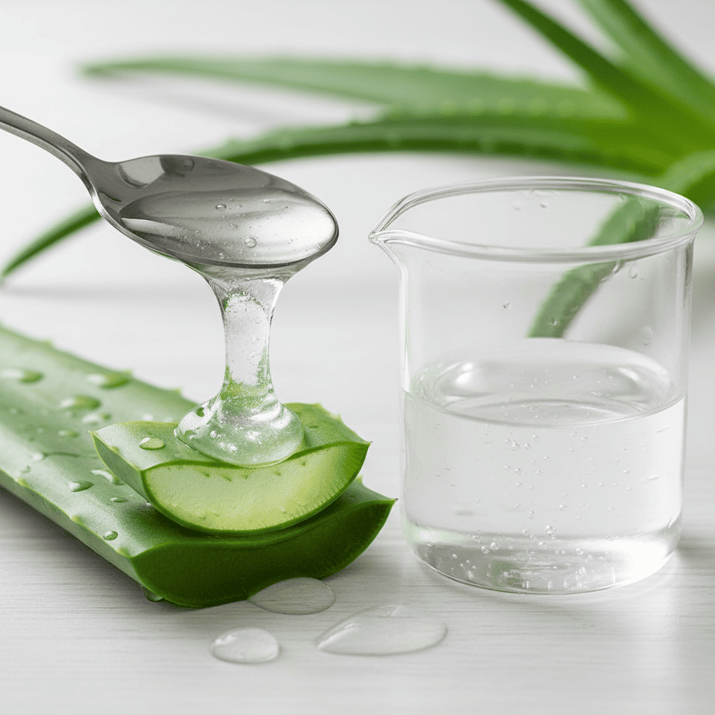 Fresh organic aloe vera leaf with extracted gel showing natural moisturizing properties for skincare formulation