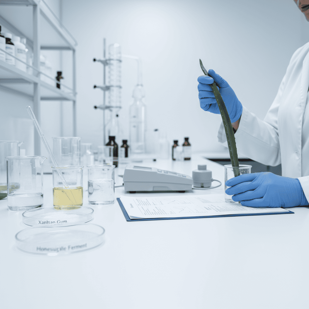 Organic skincare manufacturer examining aloe vera plant during natural ingredient quality control process