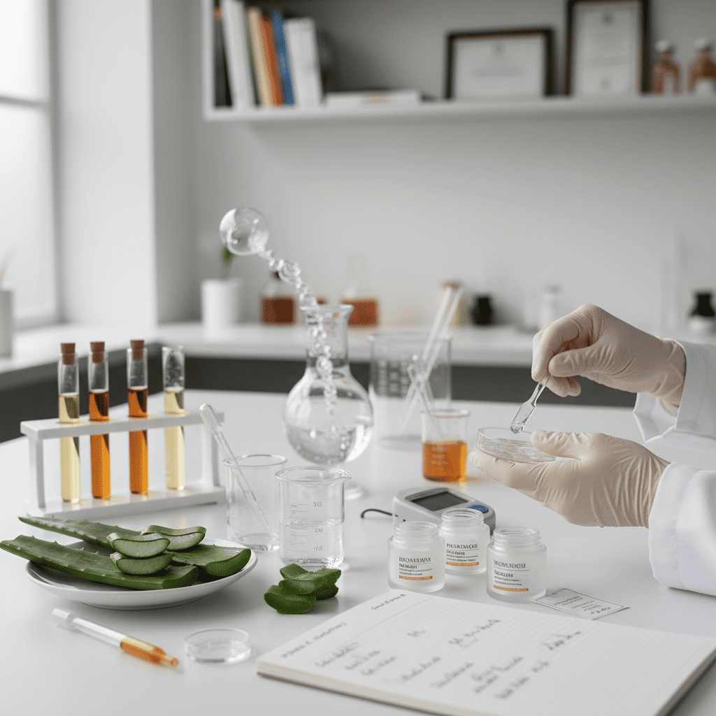 Laboratory formulation workspace with fresh aloe vera and natural botanical extracts for organic gel development