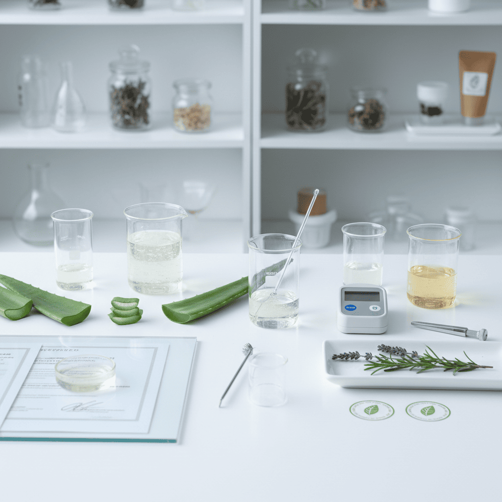 Natural ingredient testing station with aloe vera and botanical extracts for cruelty-free skincare formulation
