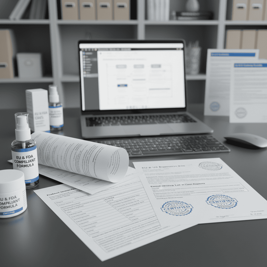 EU and FDA regulatory compliance documentation with skincare products for international market entry requirements
