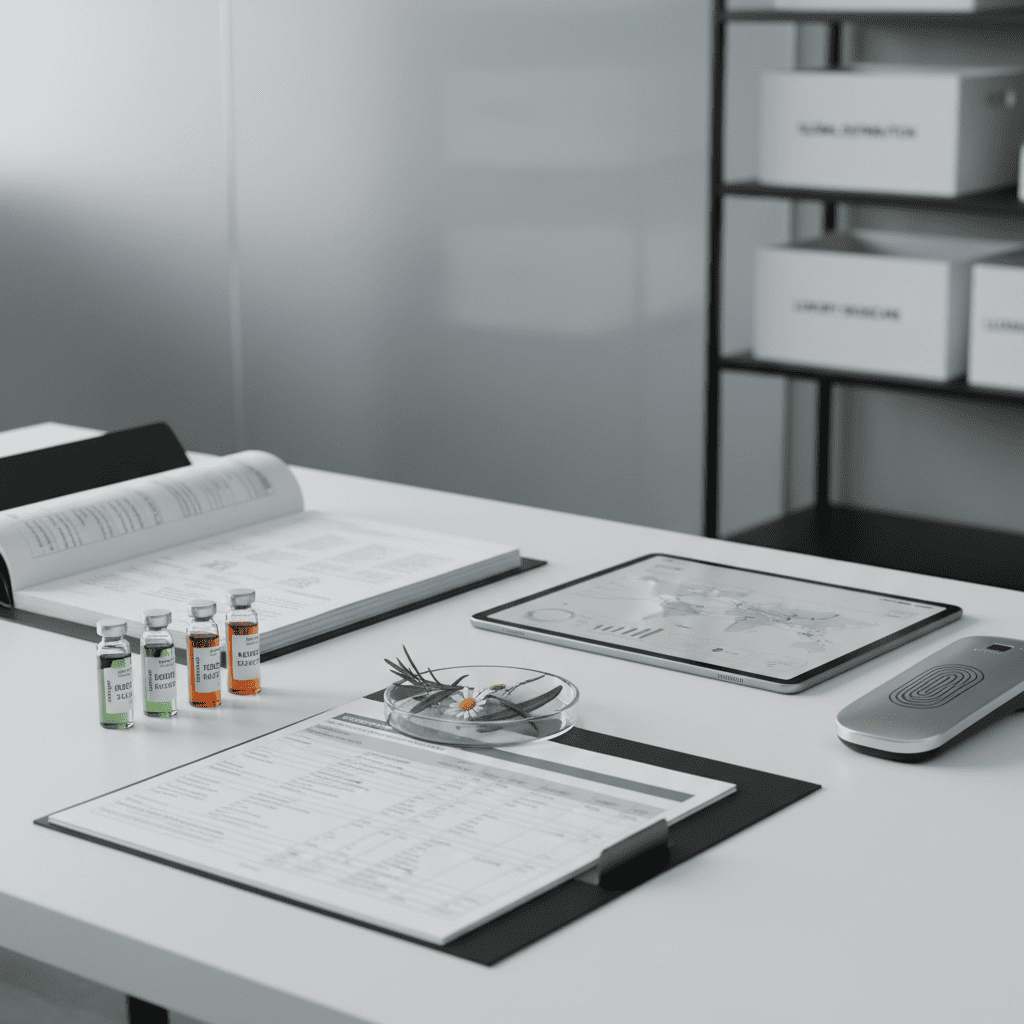 Global logistics planning workspace with botanical skincare samples and international shipping documentation review