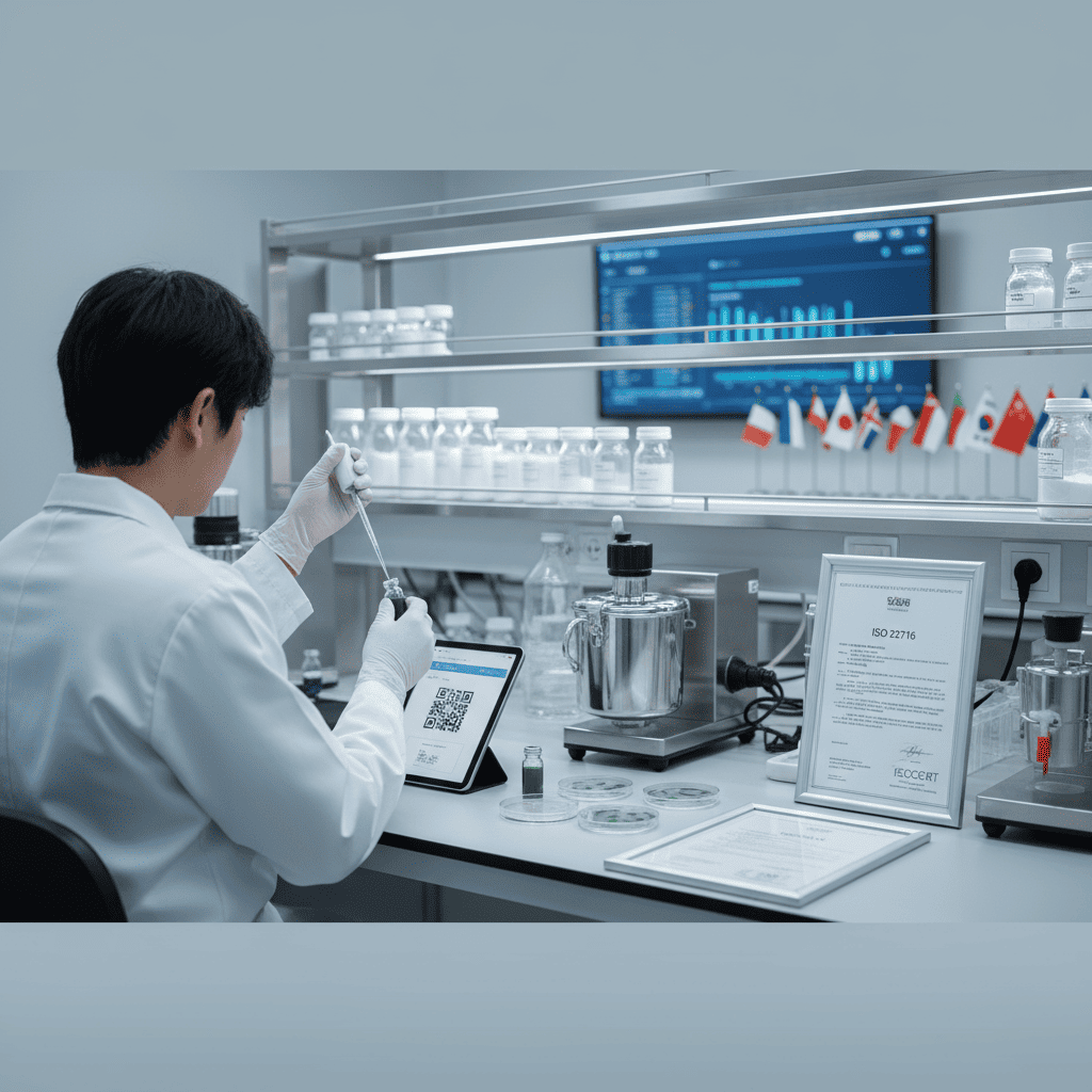 Quality control technician scanning batch production codes for traceability in GMP-certified manufacturing facility