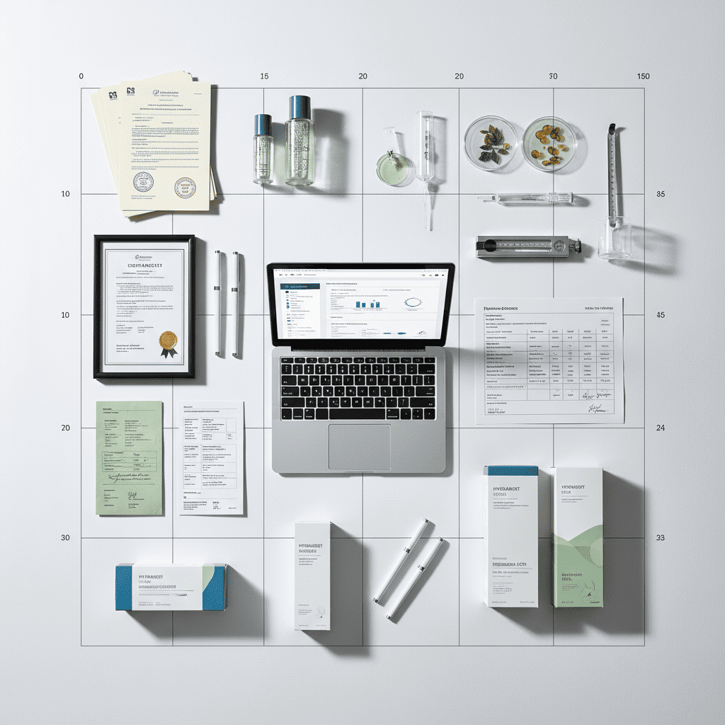 Complete regulatory framework overview showing EU cosmetics compliance certifications and product information files