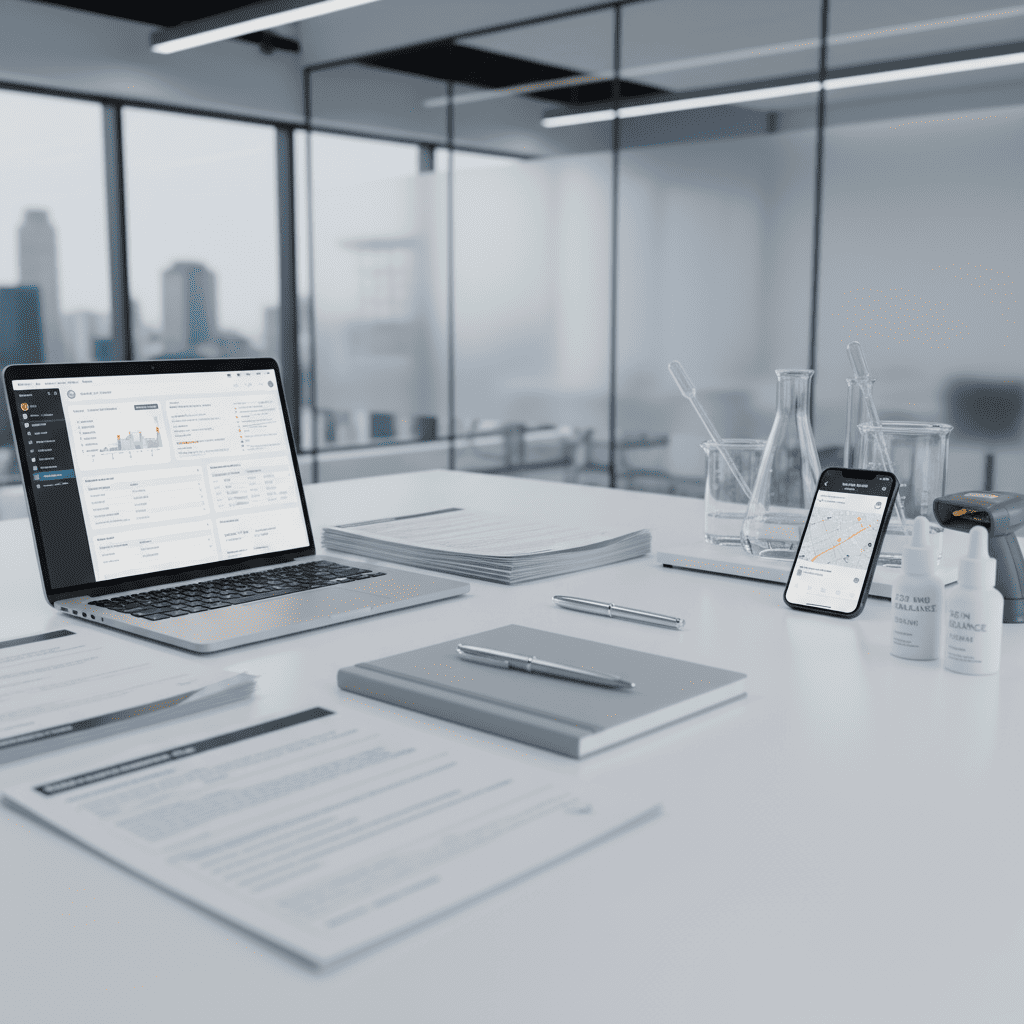 Digital quality management system dashboard tracking international skincare distribution and regulatory compliance metrics