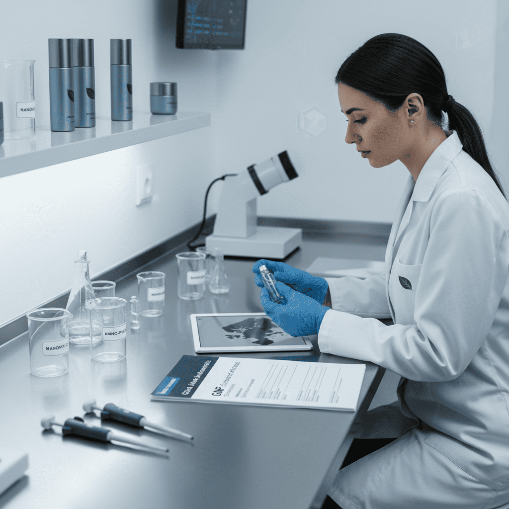 Regulatory specialist preparing cosmetic product safety report for EU cosmetics regulation compliance and CPNP notification