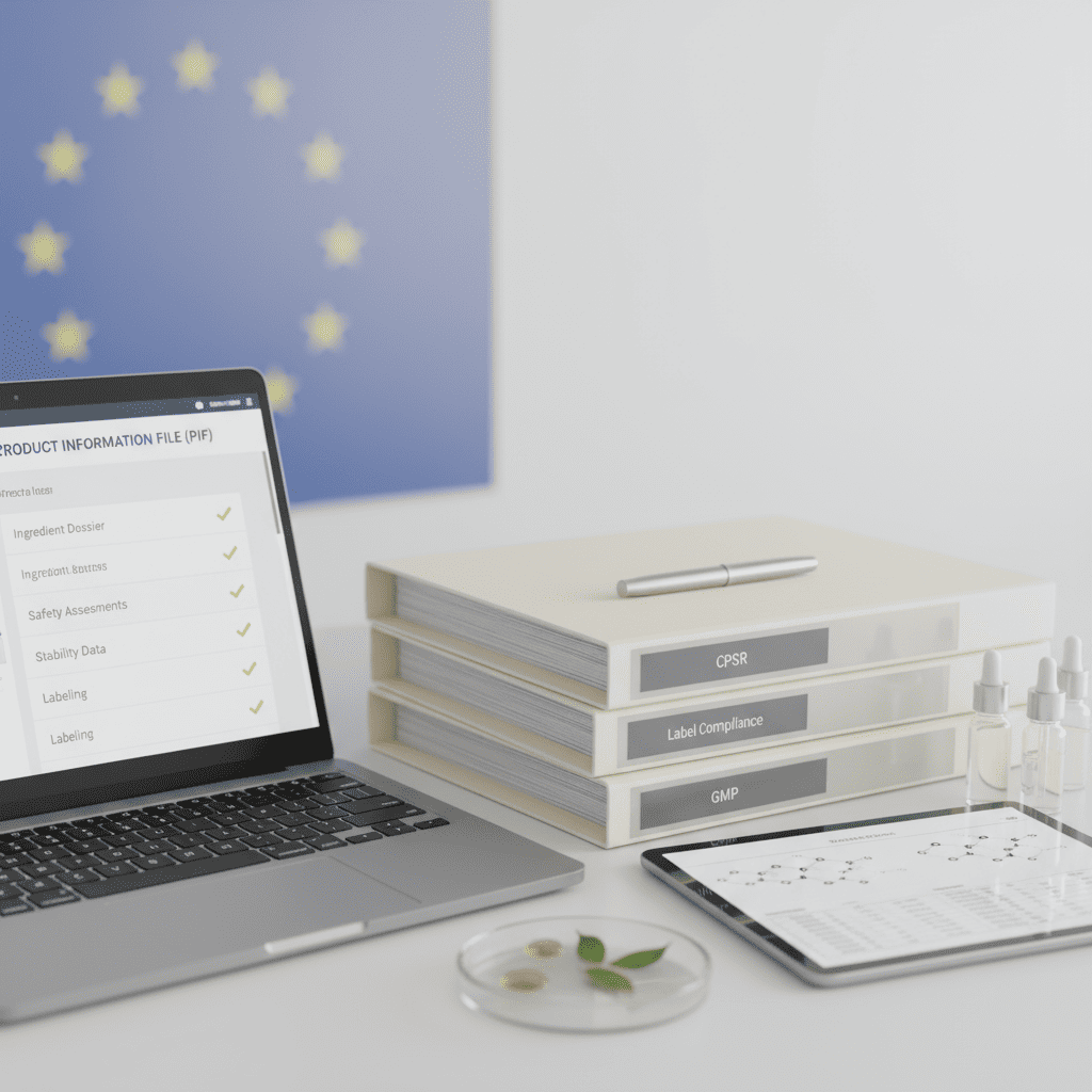 Digital PIF checklist displaying CPSR, GMP, and labeling requirements for EU cosmetic manufacturing regulations