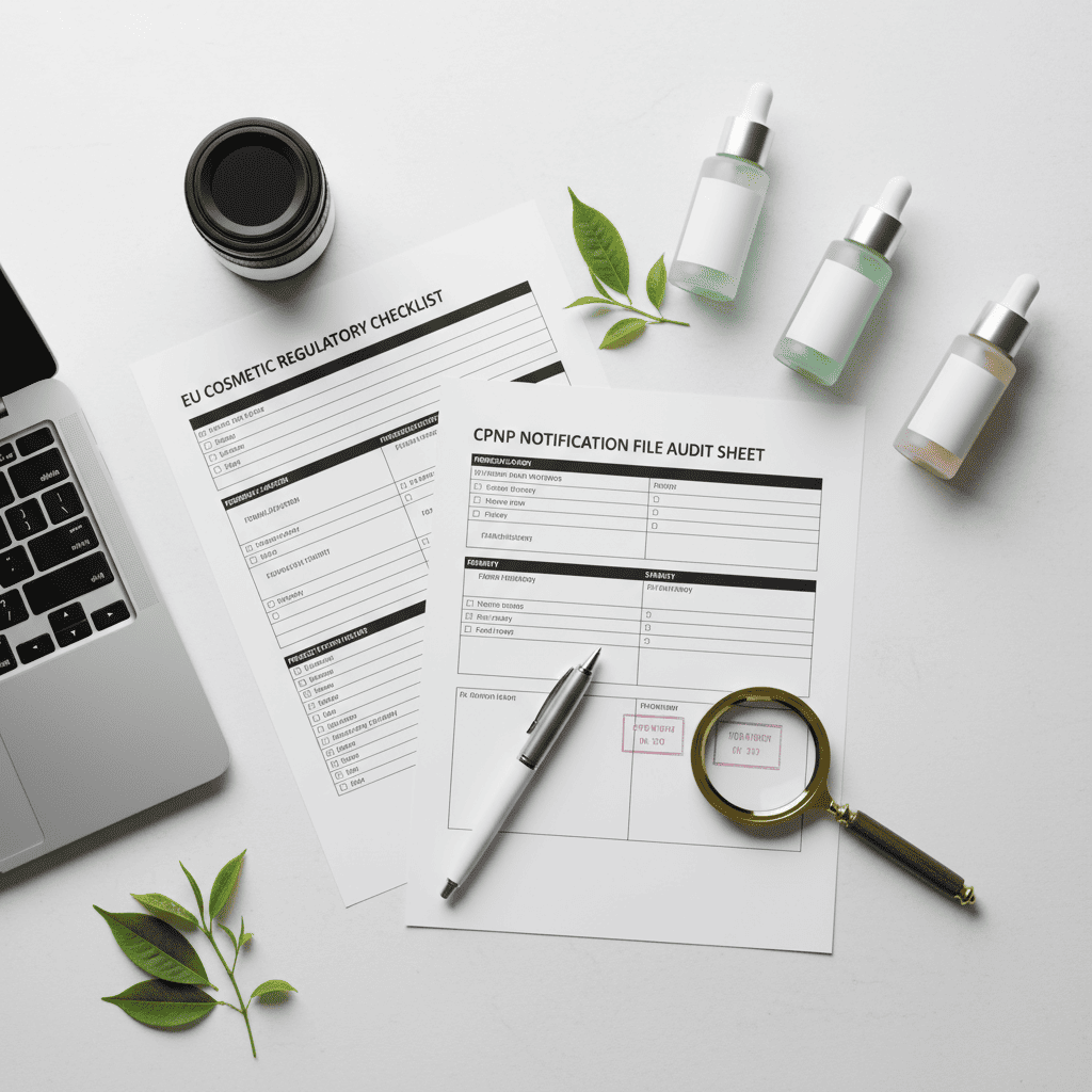 EU cosmetic regulatory checklist with CPNP notification forms and plant-based skincare products for compliance audit