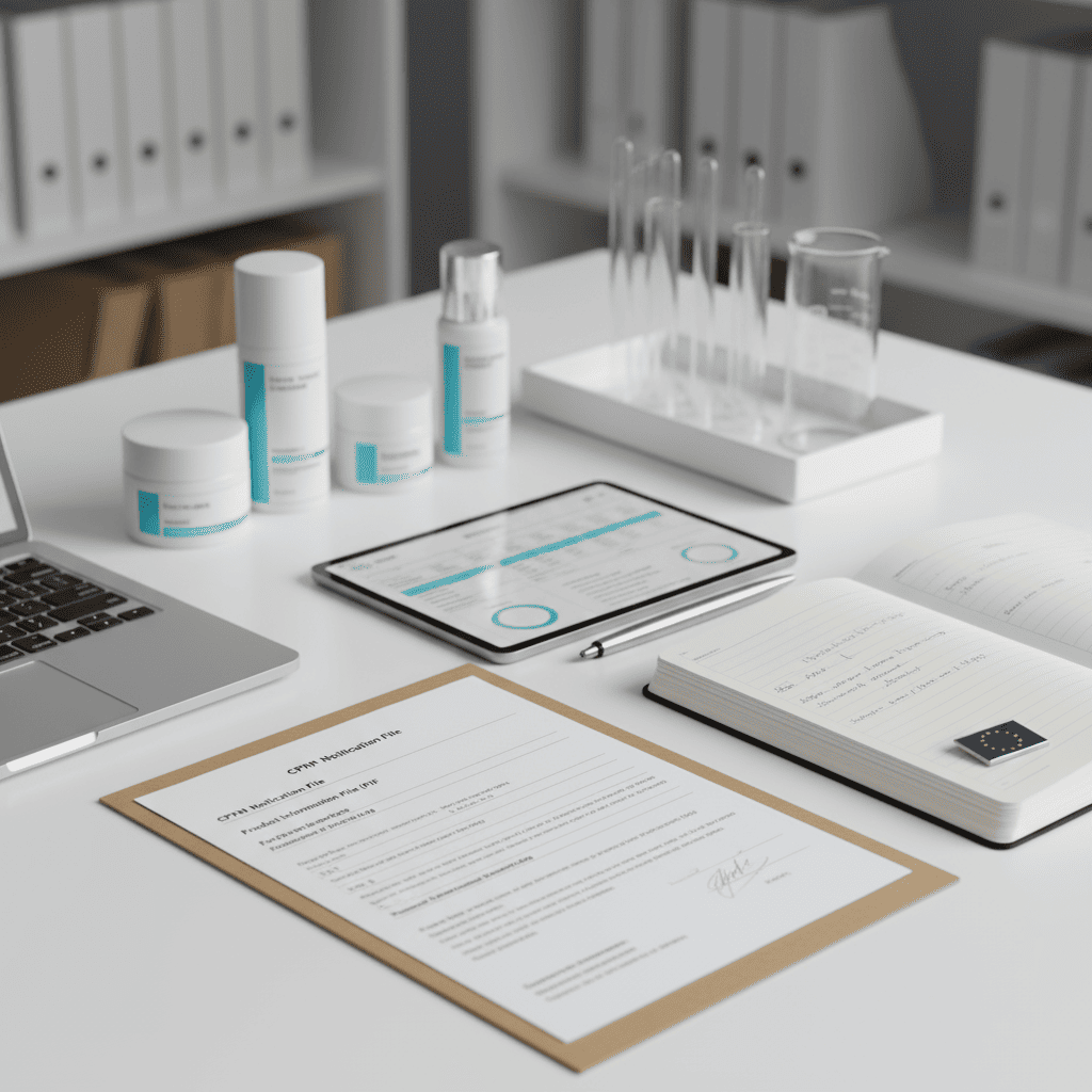 Responsible person reviewing CPNP registration documents and product information files for EU market authorization