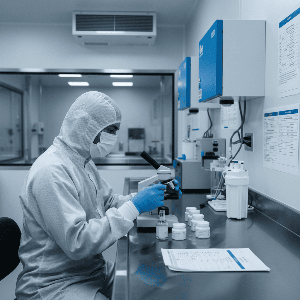 Quality control technician performing batch testing in ISO-certified cleanroom for cosmetics manufacturing consistency
