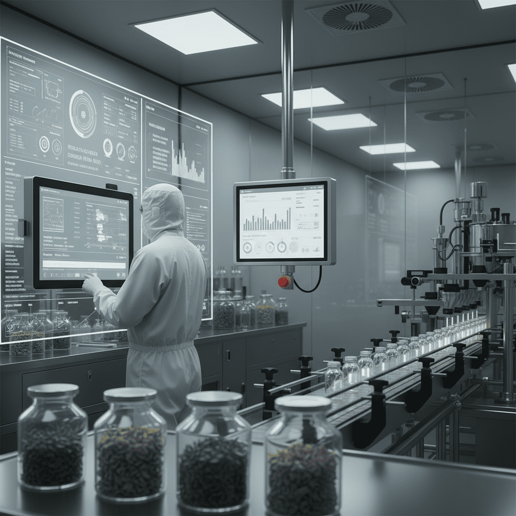 Automated production line with real-time statistical process control monitoring batch consistency in cosmetics facility