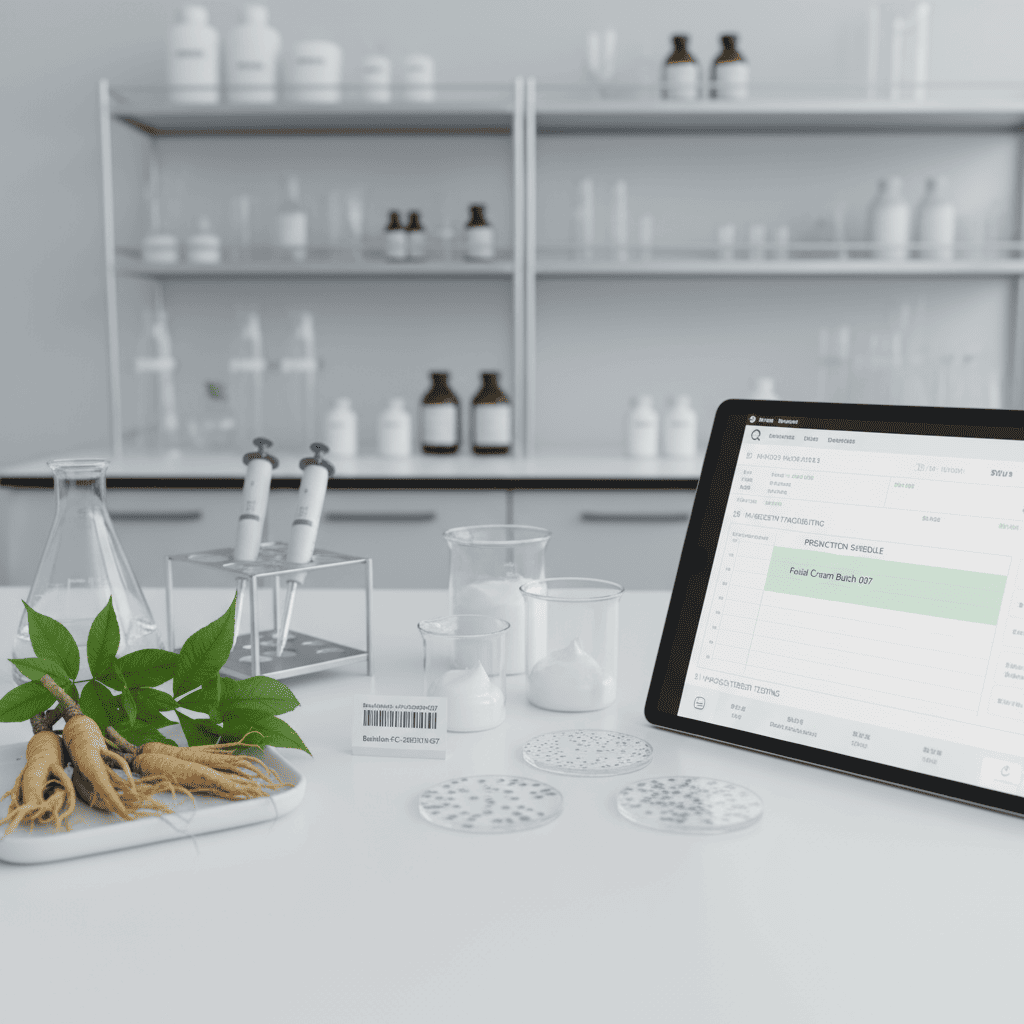 Digital batch tracking platform showing herbal ingredient traceability and raw material inspection records