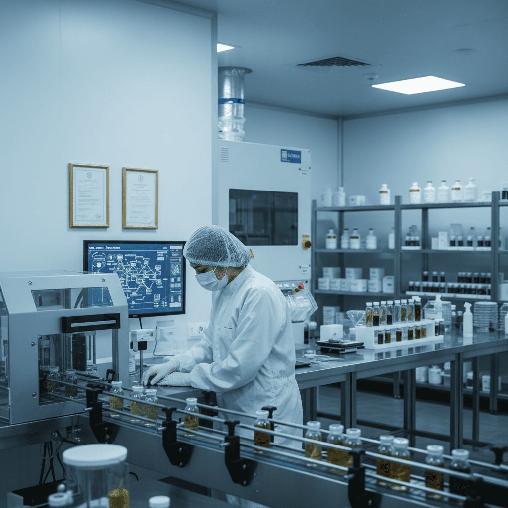 Quality control inspector monitoring production scheduling and in-process testing on cosmetics manufacturing line