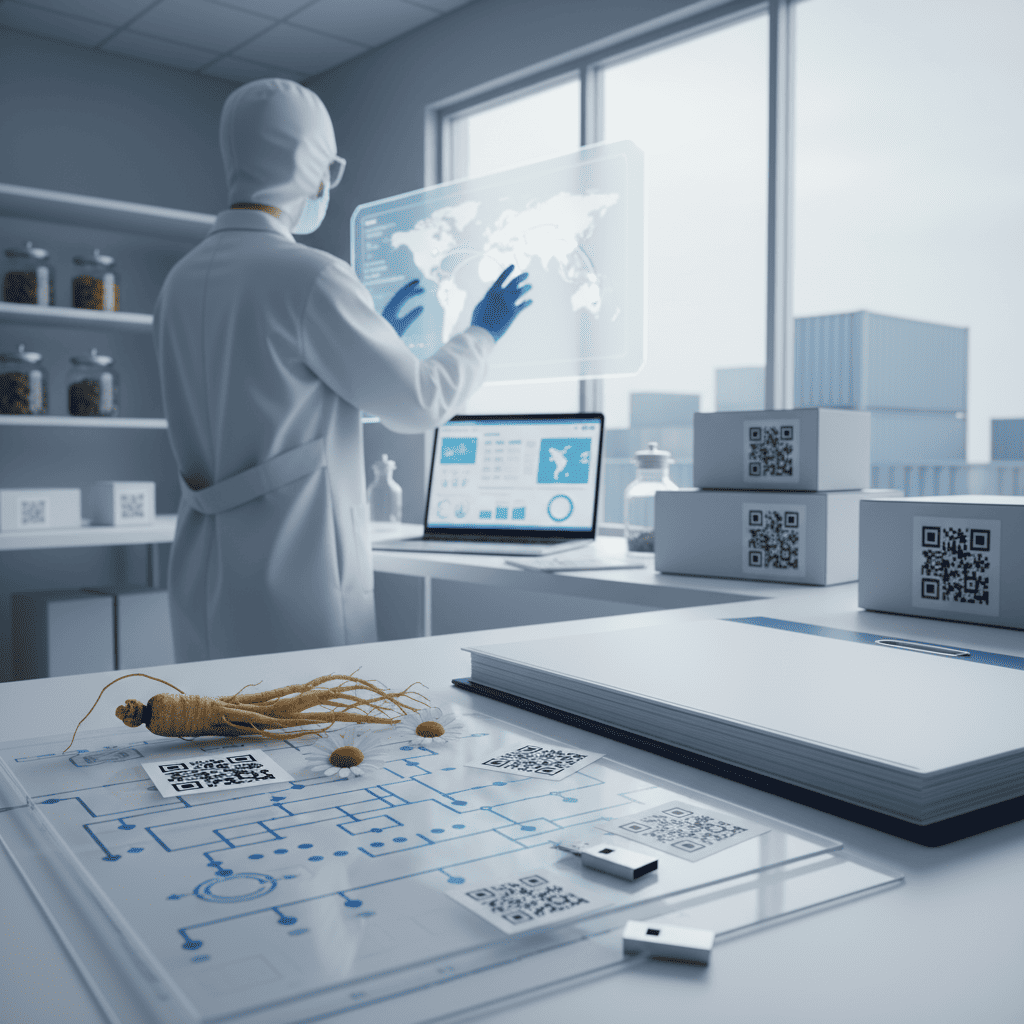 Supply chain manager reviewing global ingredient traceability system with QR-coded botanical raw materials for cosmetics