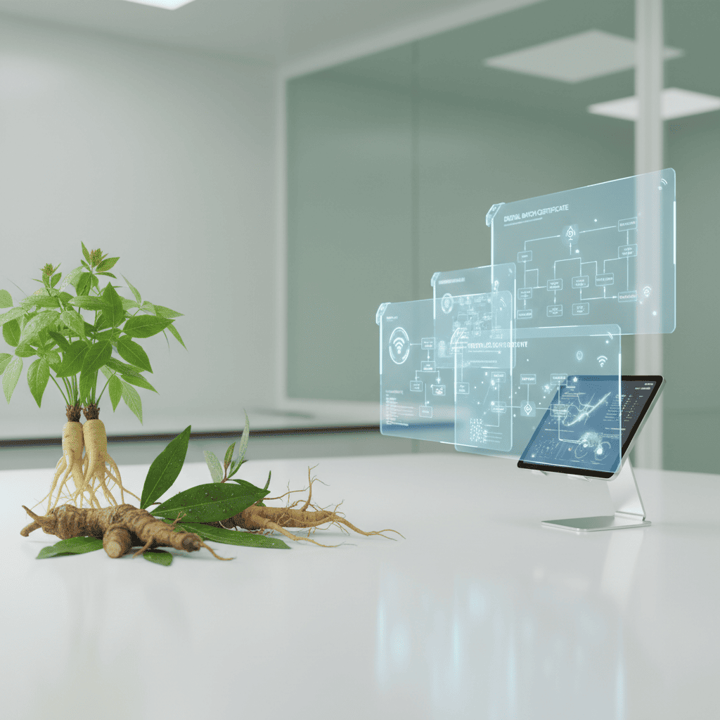 Digital supply chain mapping display showing herbal ingredient origin verification and production traceability pathways