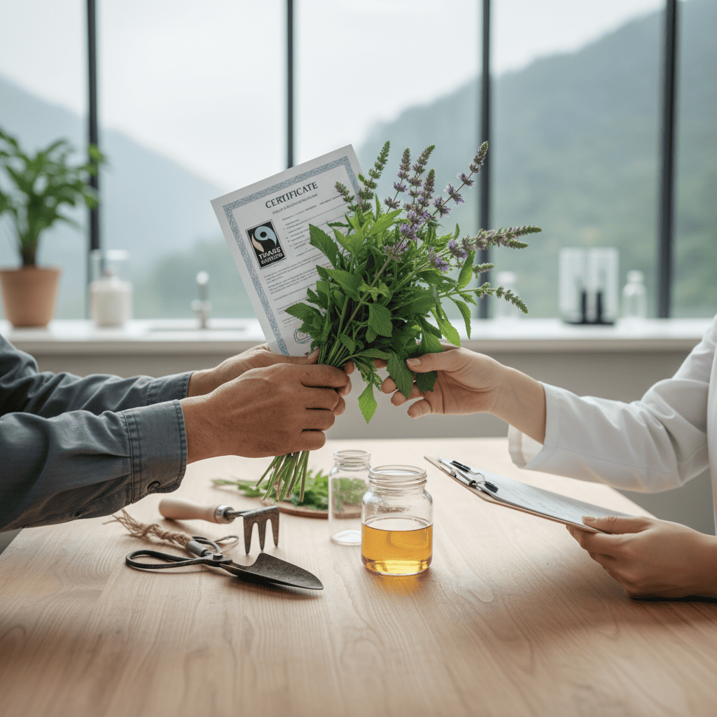 Ethical sourcing partnership showing Fair Trade certified herbal ingredients transfer for sustainable cosmetics manufacturing