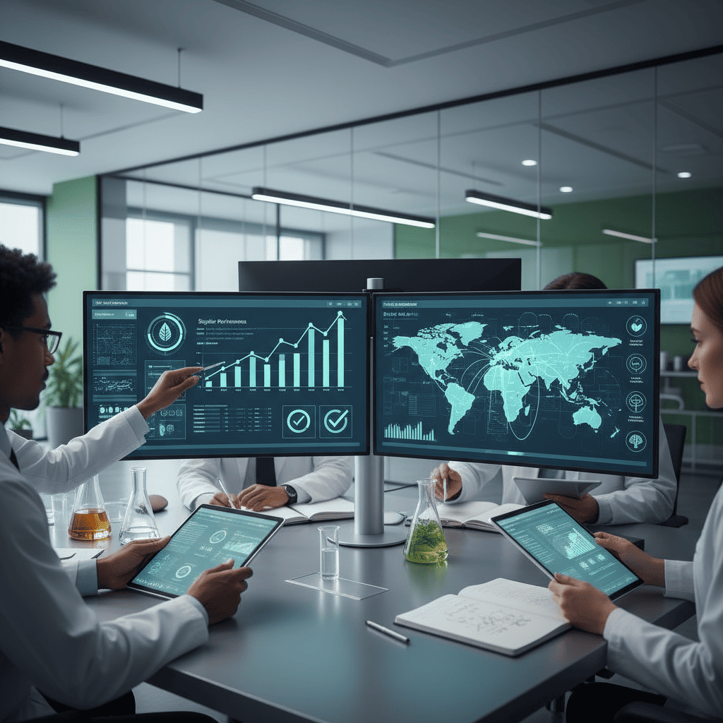 Supply chain risk analysis team reviewing global distribution networks and regulatory compliance metrics for cosmetics
