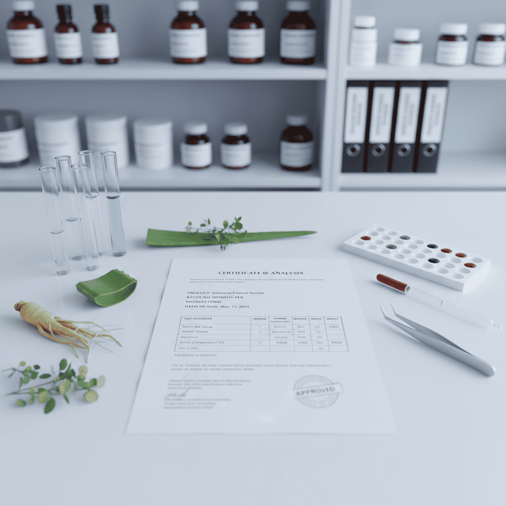 Certificate of Analysis document with herbal botanical samples for third-party laboratory testing and regulatory compliance