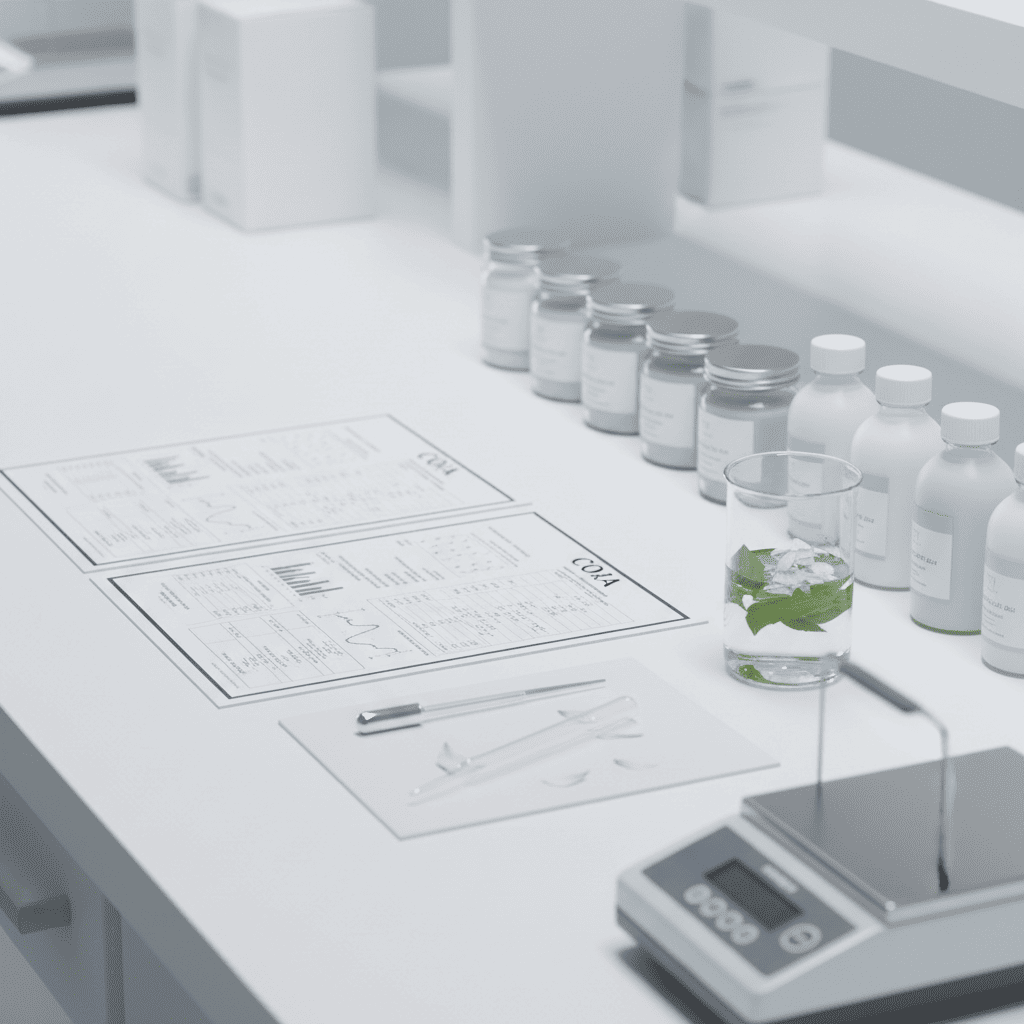 COA batch testing workspace showing product samples with specification limits and quality assurance documentation