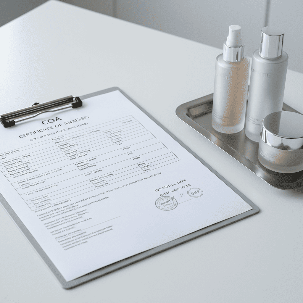 Official Certificate of Analysis with beauty product certifications verifying safety standards for retail partnerships