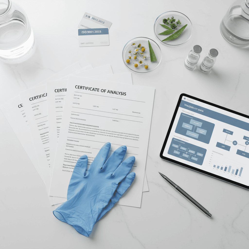 Quality control team reviewing COA documents with ISO 17025 compliance and botanical ingredient testing results
