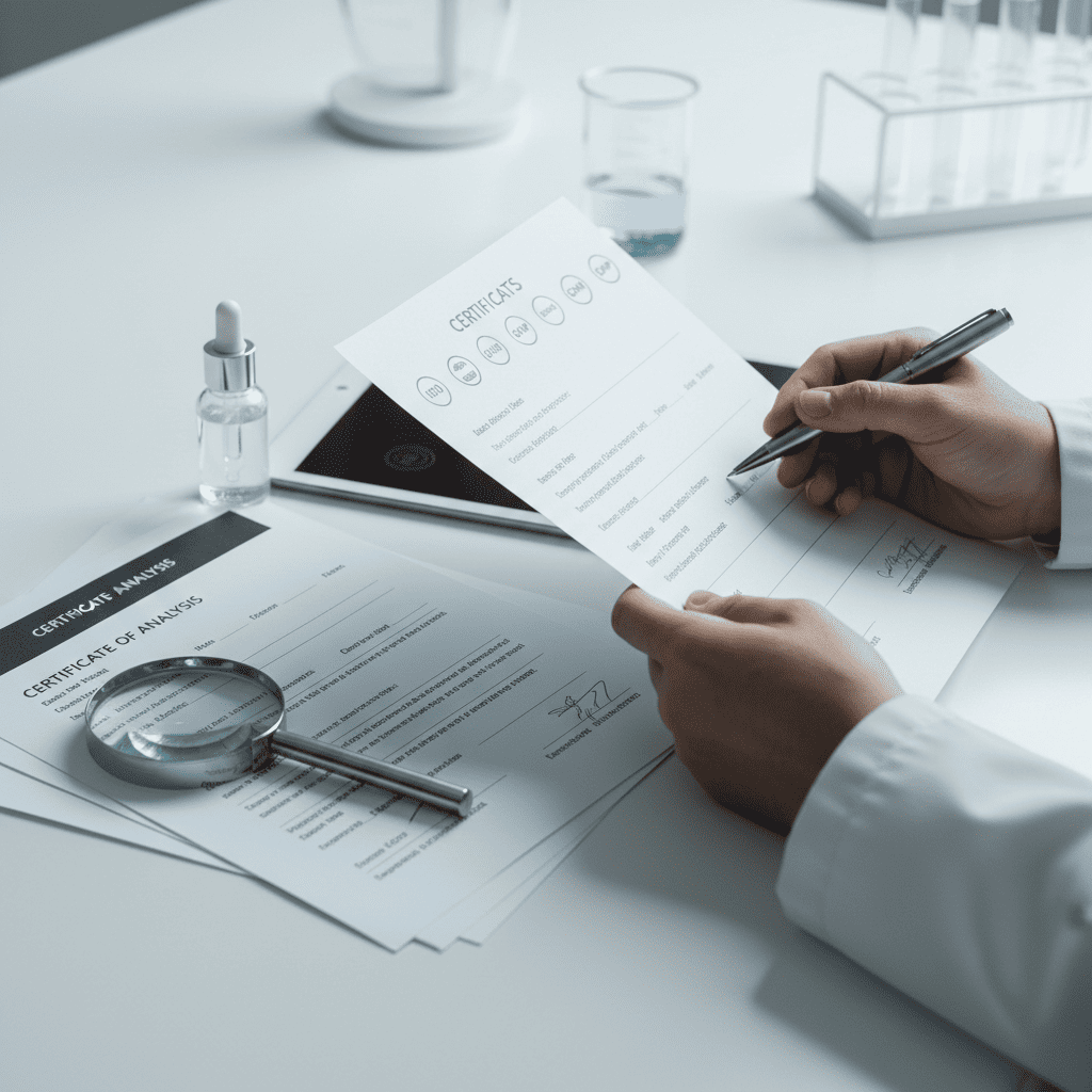 Authorized signature verification on Certificate of Analysis ensuring GMP standards and product safety for export businesses