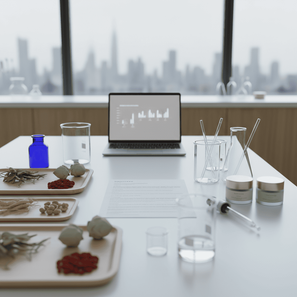 Sino-French export team workspace with botanical ingredients and international logistics planning for global skincare distribution