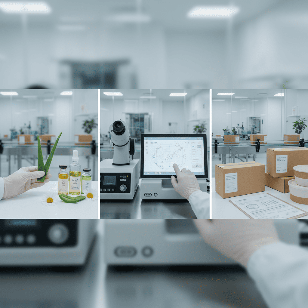 Private label manufacturing facility showing quality control inspection and packaging design for international cosmetics export