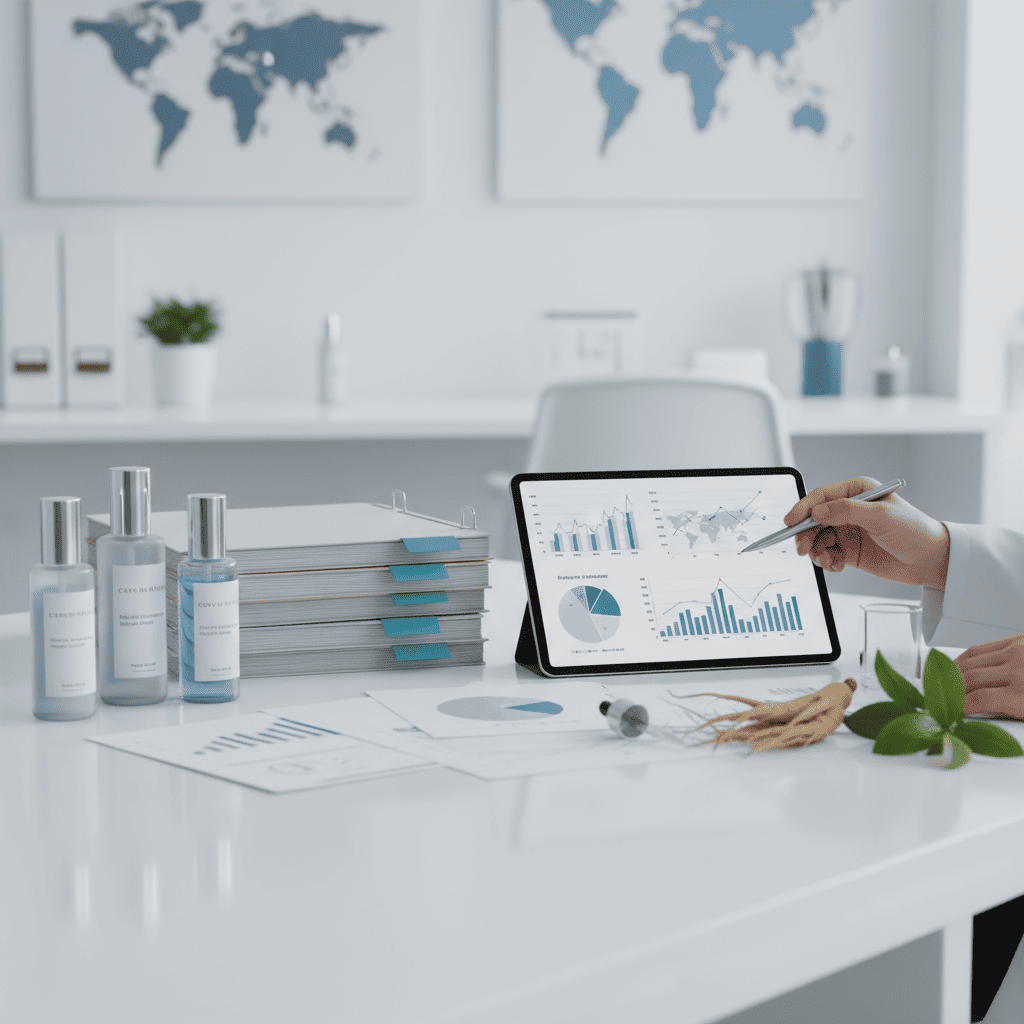 Global distribution analytics dashboard tracking OEM skincare brand shipments and regulatory compliance across markets