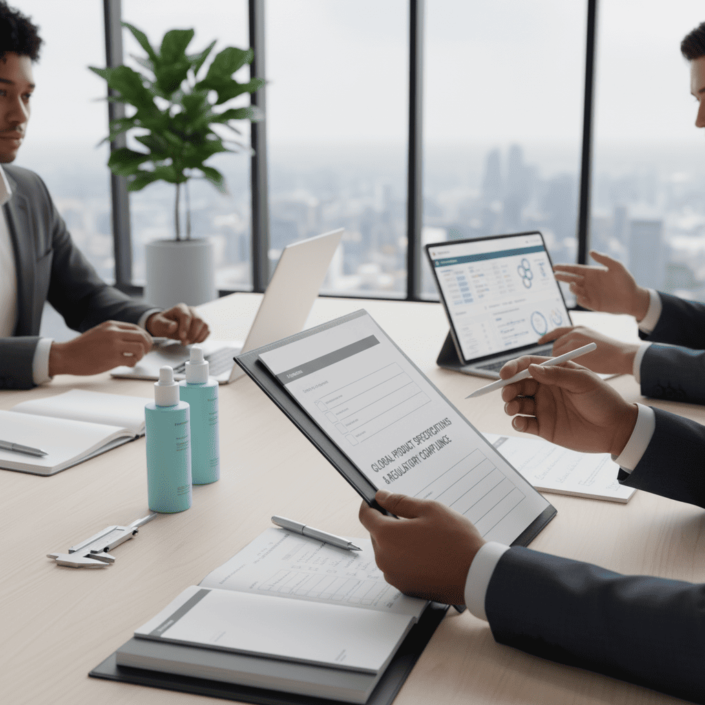 Cross-cultural export team meeting reviewing customs documentation and EU cosmetic regulation compliance for skincare brands