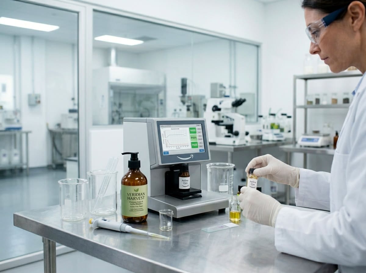 Professional shampoo formulation expert checking ingredients in cosmetic lab