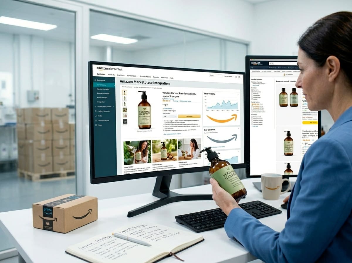 E-commerce seller checking shampoo product page on Amazon