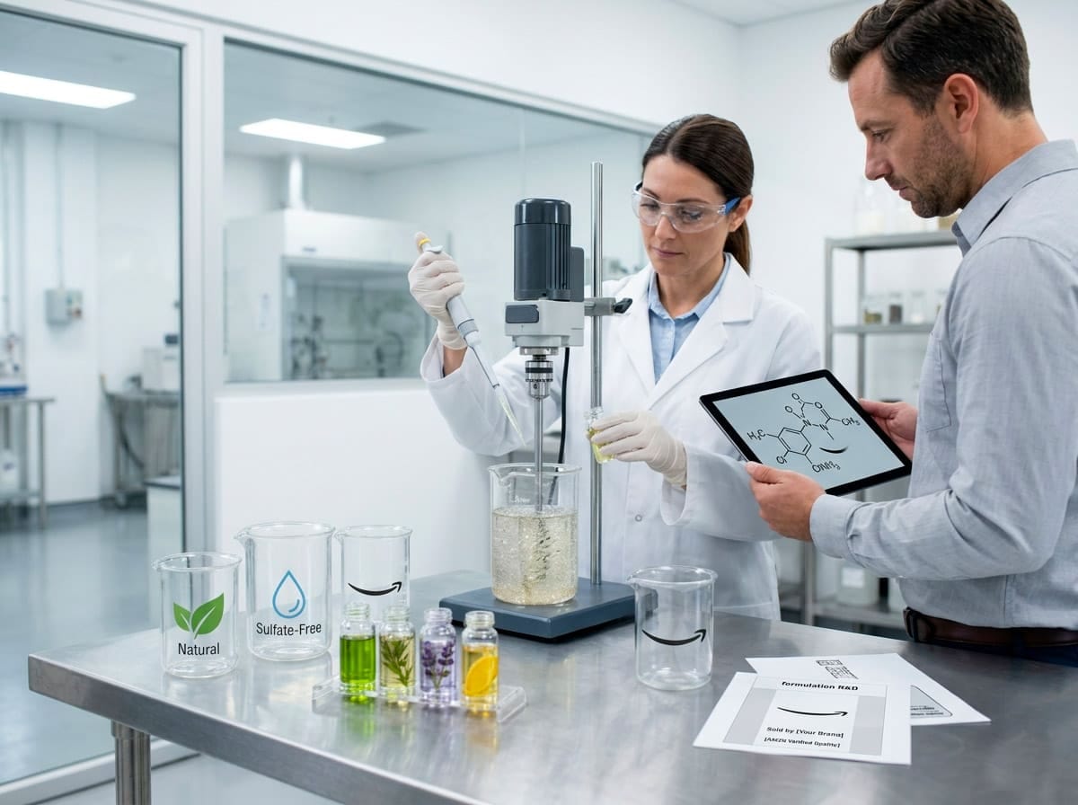 Shampoo formulation expert with Amazon sales expert in a cosmetic lab