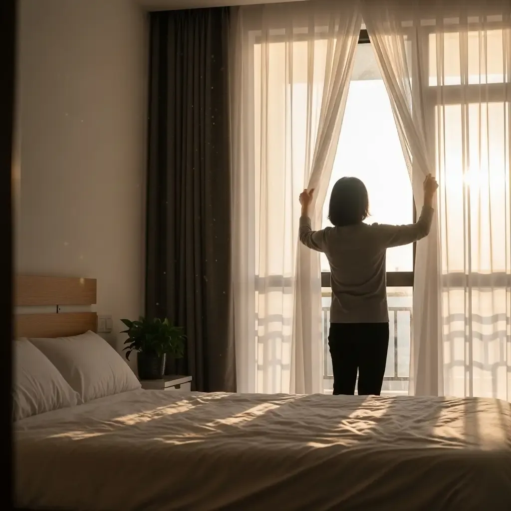 Adult person opening curtains in morning light supporting healthy energy routine
