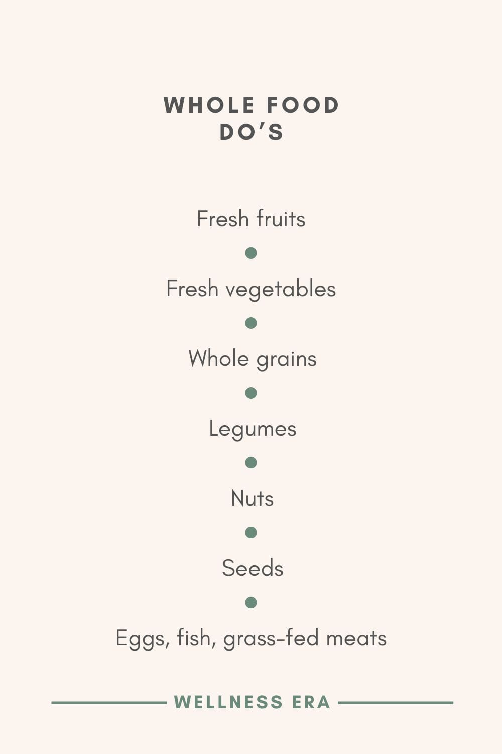 Whole food do’s fresh fruits vegetables, whole grains, legumes, nuts, seeds, minimally processed animal products like eggs, fish, and grass-fed meats.  - wellness era
