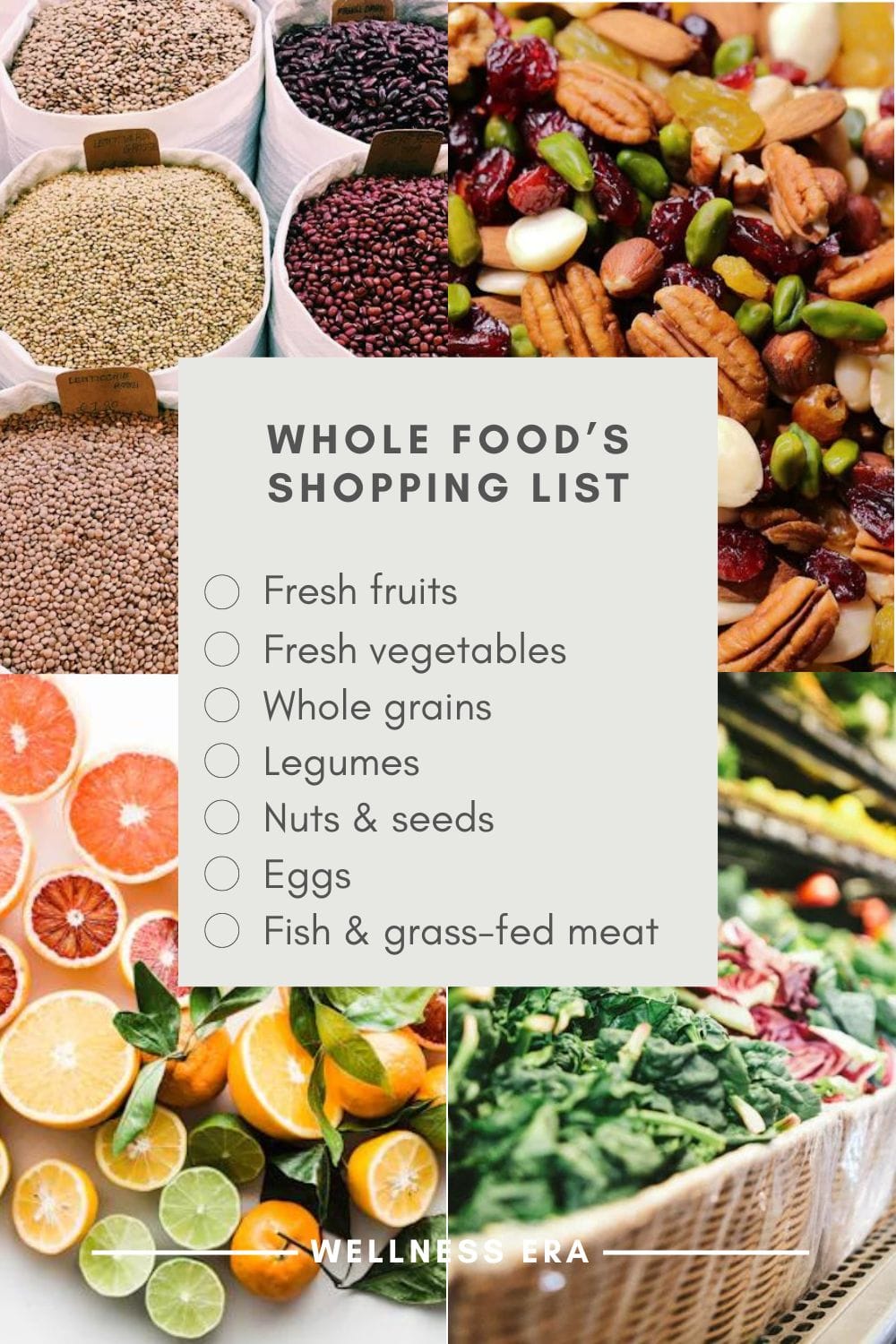 Whole food shopping list: fresh fruits vegetables, whole grains, legumes, nuts, seeds, minimally processed animal products like eggs, fish, and grass-fed meats. - wellness era