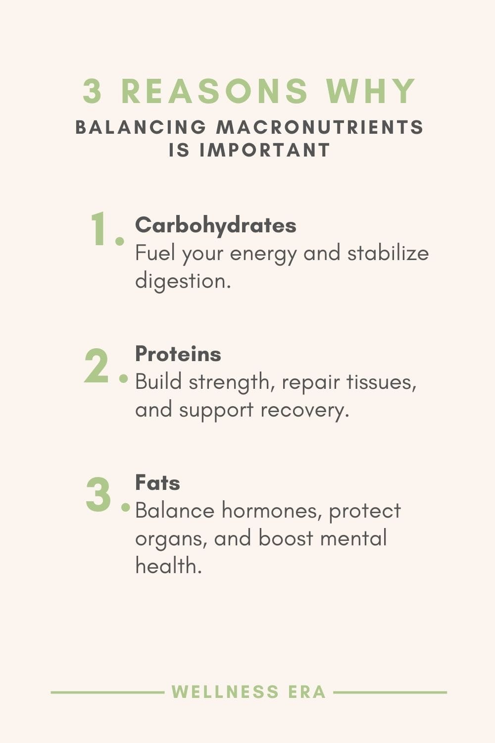 3 reasons why balancing Macronutrients is Important - Carbohydrates: Fuel your energy and stabilize digestion. - Proteins: Build strength, repair tissues, and support recovery. - Fats: Balance hormones, protect organs, and boost mental health.