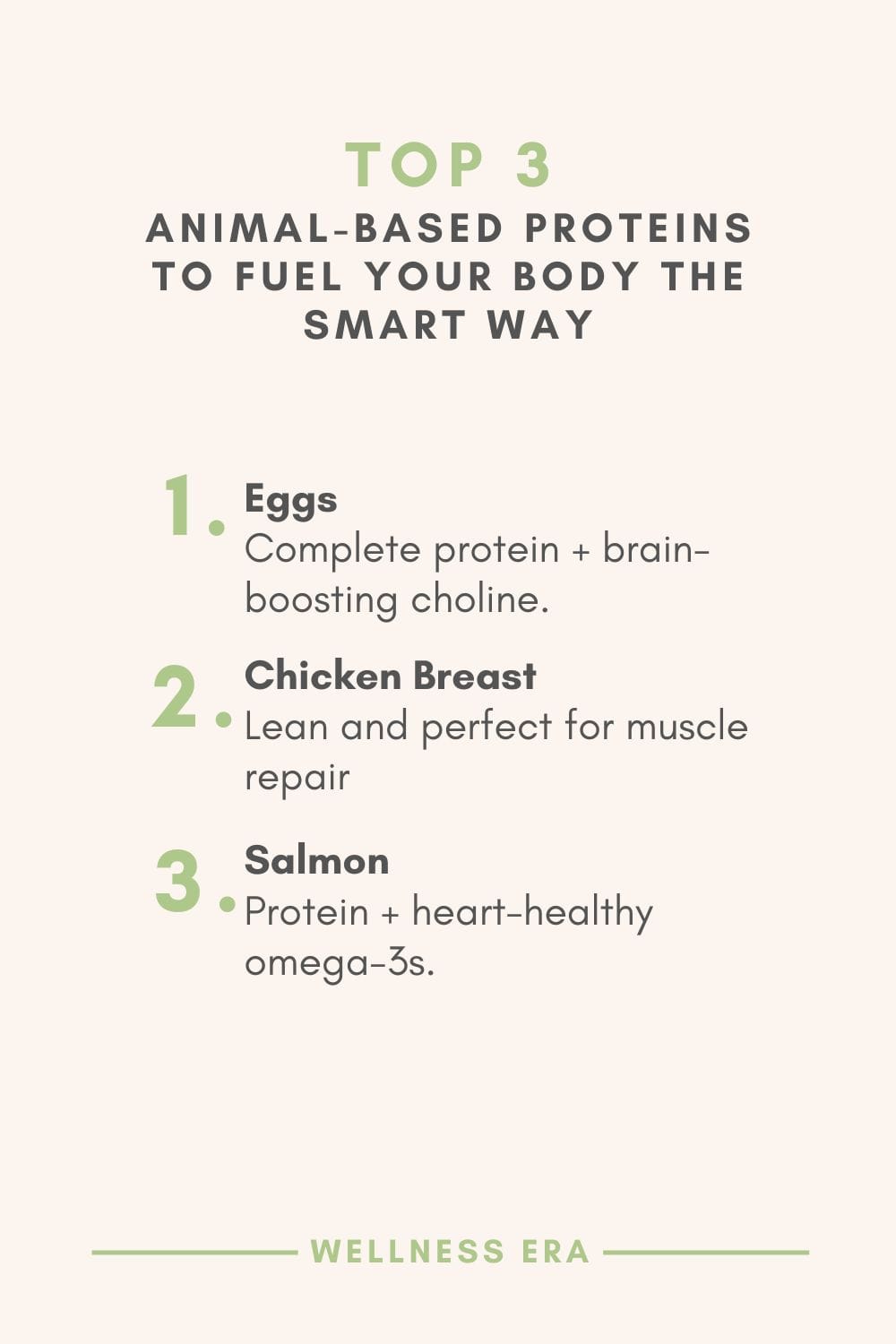 top 3 Animal-Based Proteins - Eggs: Complete protein + brain-boosting choline. - Chicken Breast: Lean and perfect for muscle repair. - Salmon: Protein + heart-healthy omega-3s.