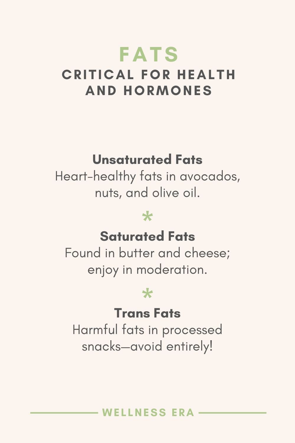 Fats: Critical for Health and Hormones - Unsaturated Fats: Heart-healthy fats in avocados, nuts, and olive oil. - Saturated Fats: Found in butter and cheese; enjoy in moderation. - Trans Fats: Harmful fats in processed snacks—avoid entirely!