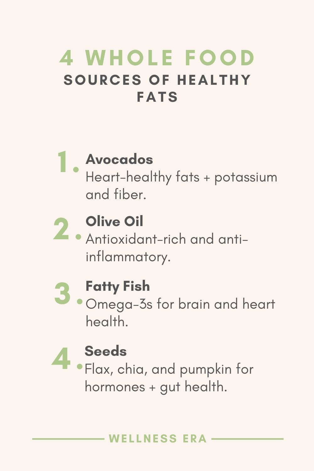 4 Whole Food Sources of Healthy Fats - Avocados: Heart-healthy fats + potassium and fiber. - Olive Oil: Antioxidant-rich and anti-inflammatory. - Fatty Fish: Omega-3s for brain and heart health. - Seeds: Flax, chia, and pumpkin for hormones + gut health.