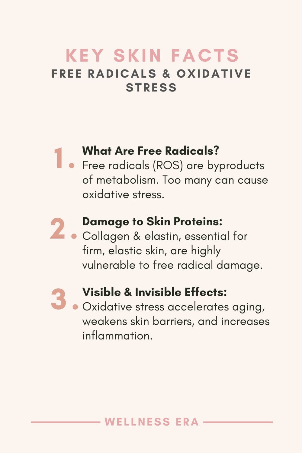 Free Radicals & Oxidative Stress: Key Skin Facts - 1. What Are Free Radicals? Free radicals (ROS) are byproducts of metabolism. Too many can cause oxidative stress. - 2. Damage to Skin Proteins: Collagen & elastin, essential for firm, elastic skin, are highly vulnerable to free radical damage. - 3. Visible & Invisible Effects: Oxidative stress accelerates aging, weakens skin barriers, and increases inflammation.