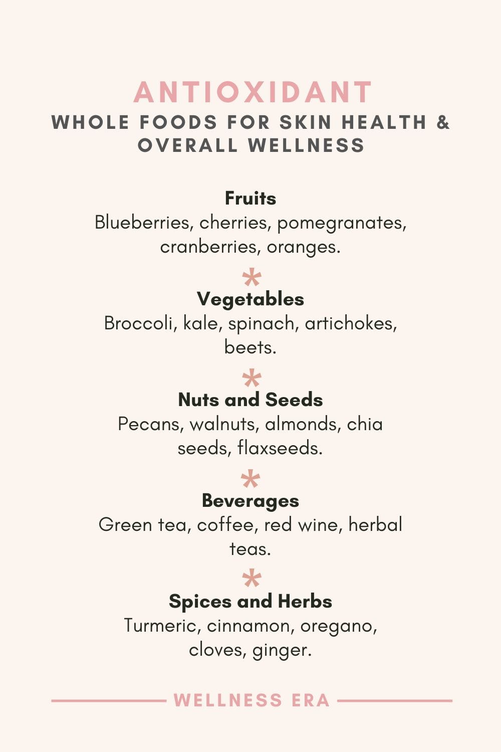Antioxidant whole foods: - Fruits: Blueberries, cherries, pomegranates, cranberries, oranges. - Vegetables: Broccoli, kale, spinach, artichokes, beets. - Nuts and Seeds: Pecans, walnuts, almonds, chia seeds, flaxseeds. - Beverages: Green tea, coffee, red wine, herbal teas. - Spices and Herbs: Turmeric, cinnamon, oregano, cloves, ginger.