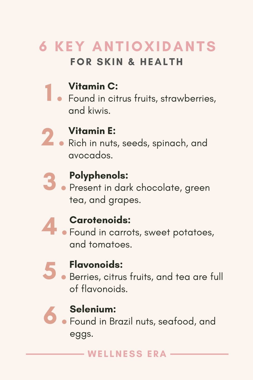 Key Antioxidants for Skin & Health - 1. Vitamin C: Found in citrus fruits, strawberries, and kiwis, Vitamin C neutralizes free radicals and regenerates other antioxidants. - 2. Vitamin E: Rich in nuts, seeds, spinach, and avocados, Vitamin E protects cell membranes from damage. - 3. Polyphenols: Present in dark chocolate, green tea, and grapes, polyphenols fight free radicals and protect against chronic diseases. - 4. Carotenoids: Found in carrots, sweet potatoes, and tomatoes, carotenoids shield lipid-rich tissues from oxidative damage. - 5. Flavonoids: Berries, citrus fruits, and tea are full of flavonoids that reduce inflammation and fight oxidative stress. - 6. Selenium: Found in Brazil nuts, seafood, and eggs, selenium supports enzymes that protect against oxidative stress.