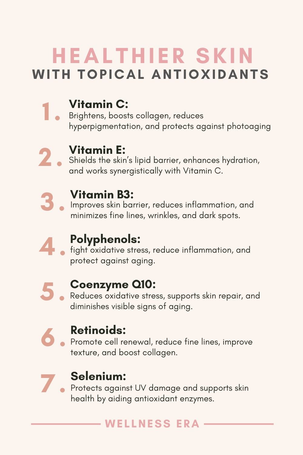 7 Types of Topical Antioxidants for Healthier Skin: - 1. Vitamin C (Ascorbic Acid): Brightens skin, boosts collagen, reduces hyperpigmentation, and protects against photoaging. - 2. Vitamin E (Tocopherol): Shields the skin’s lipid barrier, enhances hydration, and works synergistically with Vitamin C for added sun protection. - 3. Niacinamide (Vitamin B3): Improves skin barrier, reduces inflammation, and minimizes fine lines, wrinkles, and dark spots. - 4. Polyphenols: Found in green tea, grapes, and resveratrol, they fight oxidative stress, reduce inflammation, and protect against aging. - 5. Coenzyme Q10 (Ubiquinone): Reduces oxidative stress, supports skin repair, and diminishes visible signs of aging. - 6. Retinoids (Vitamin A Derivatives): Promote cell renewal, reduce fine lines, improve texture, and boost collagen. - 7. Selenium: Protects against UV damage and supports skin health by aiding antioxidant enzymes.