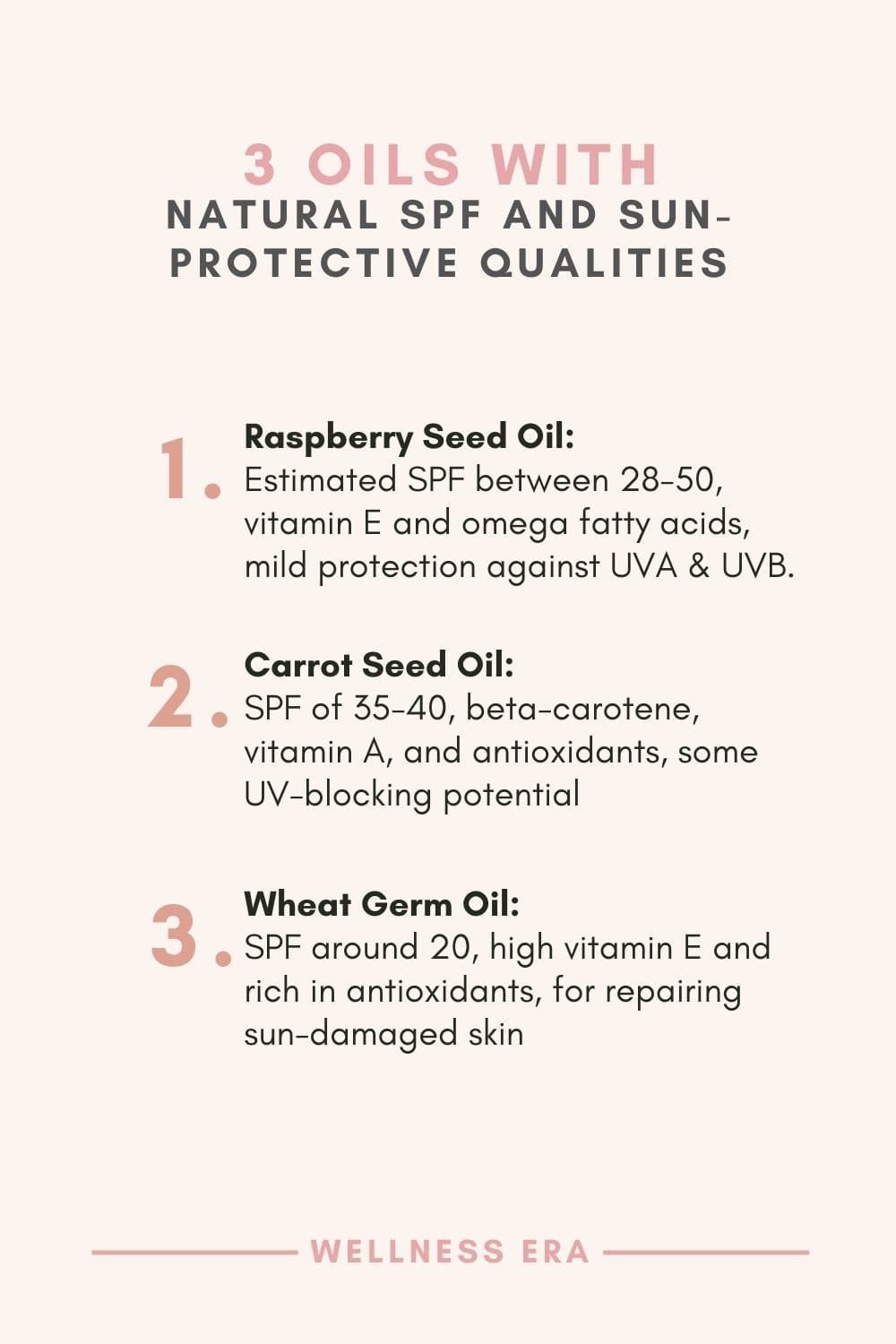 3 Oils with Natural SPF and Sun-Protective Qualities: - Raspberry Seed Oil: Estimated SPF between 28-50, vitamin E and omega fatty acids, mild protection against UVA and UVB rays - Carrot Seed Oil: SPF of 35-40, beta-carotene, vitamin A, and antioxidants, some UV-blocking potential - Wheat Germ Oil: SPF around 20, high vitamin E and rich in antioxidants, for repairing sun-damaged skin