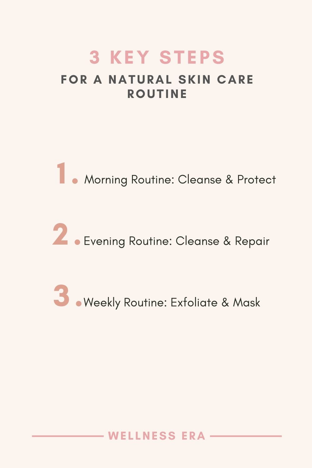 3 Key Steps for a Natural Skin Care Routine: 1. Morning Routine: Cleanse & Protect - 2. Evening Routine: Cleanse & Repair - 3. Weekly Routine: Exfoliate & Mask