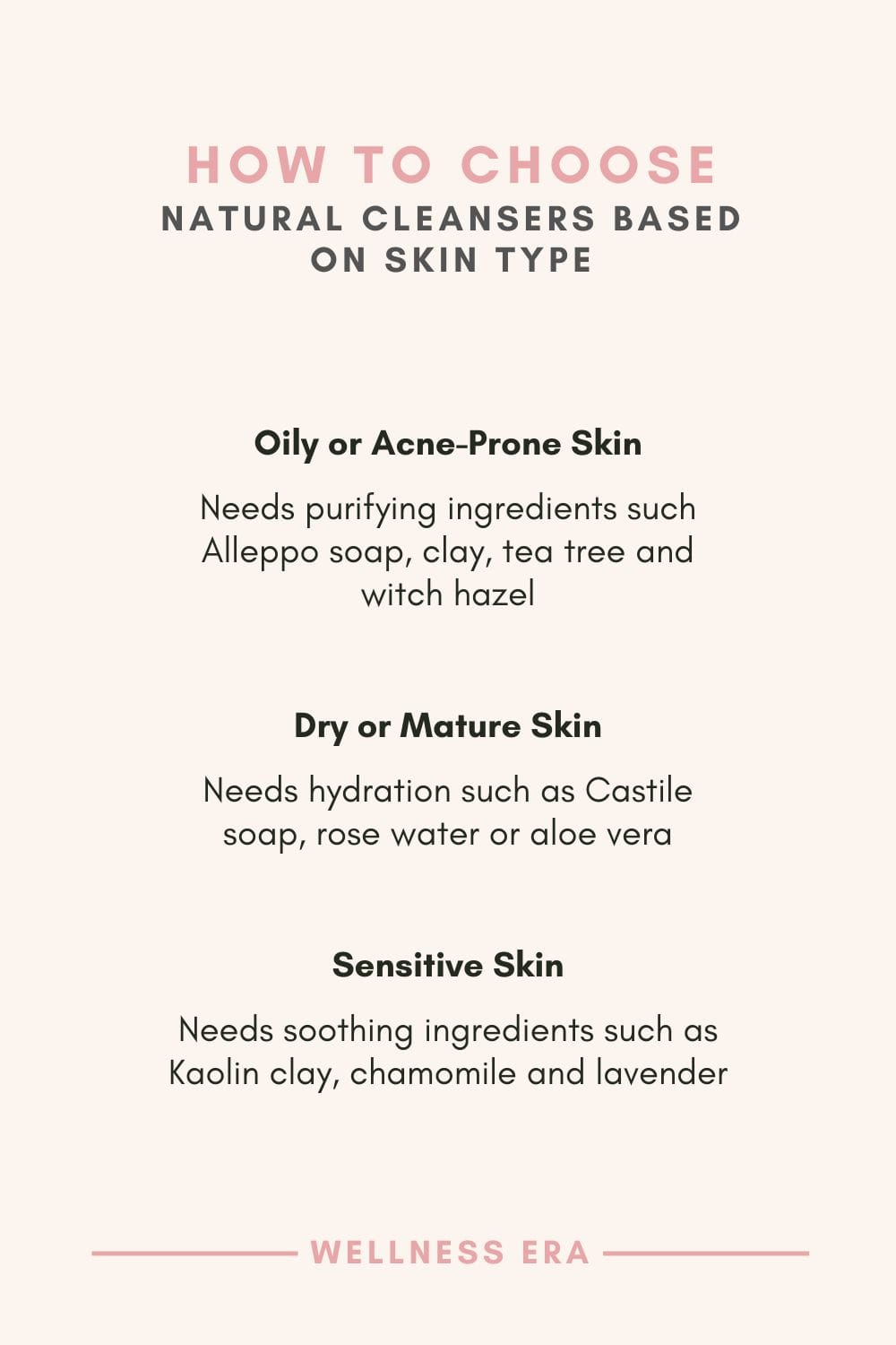 How to Choose Natural Cleansers Based on Skin Type: - Oily or Acne-Prone Skin: Needs purifying ingredients such Alleppo soap, clay, tea tree and witch hazel - Dry or Mature Skin Needs hydration such as Castile soap, rose water or aloe vera - Sensitive Skin Needs soothing ingredients such as Kaolin clay, chamomile and lavender